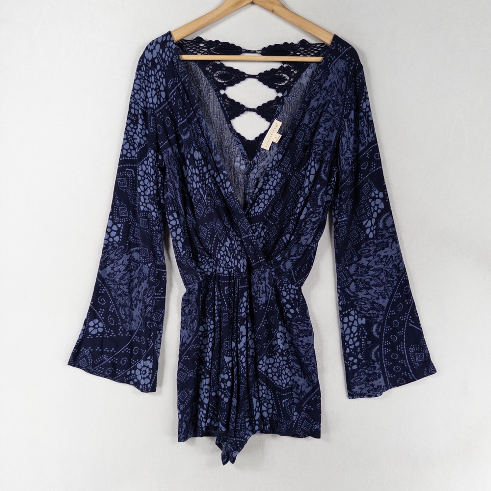 Lovestitch Romper Womens Sz Small Blue Print Crochet Lace Back Panel Boho Casual